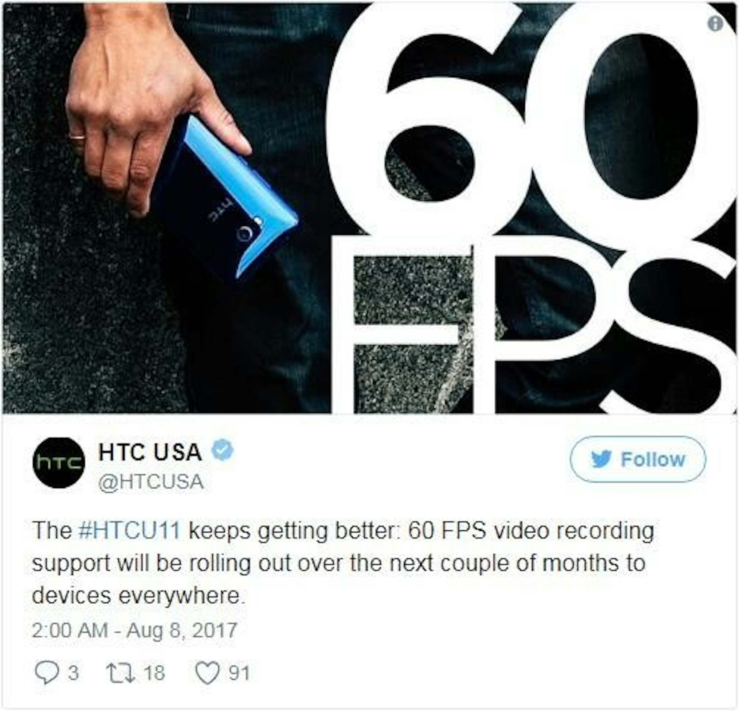 是HTC U11用戶有好消息！官方宣布將為手機帶來60fps視頻拍攝，但只有1080p！這篇文章的首圖