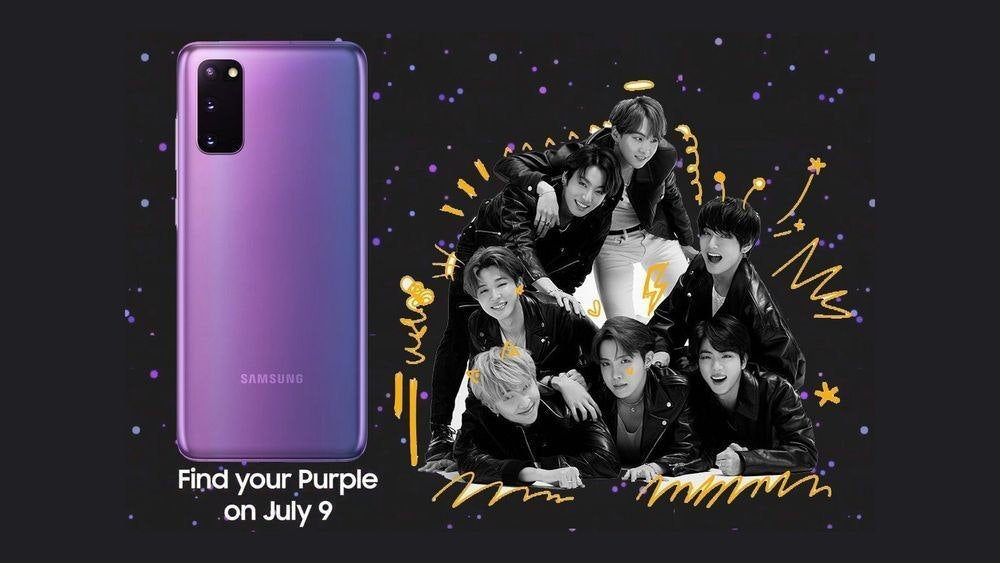 照片中提到了SAMSUNG、Find your Purple、on July 9，包含了防彈少年團、防彈少年團、韓國流行音樂、運行防彈少年團、男孩樂隊