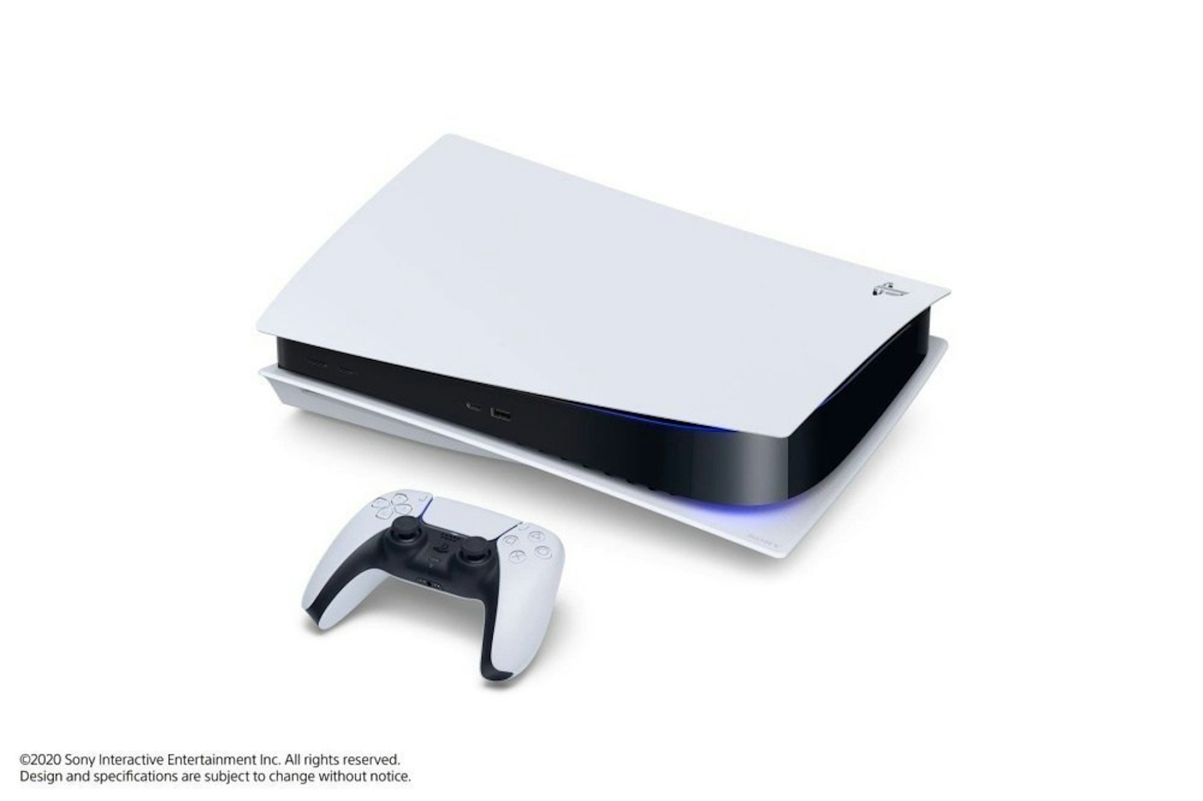 照片中提到了©2020 Sony Interactive Entertainment Inc. All rights reserved.、Design and specifications are subject to change without notice.，包含了ps5垂直、的PlayStation 5、的PlayStation、索尼公司、超高清藍光