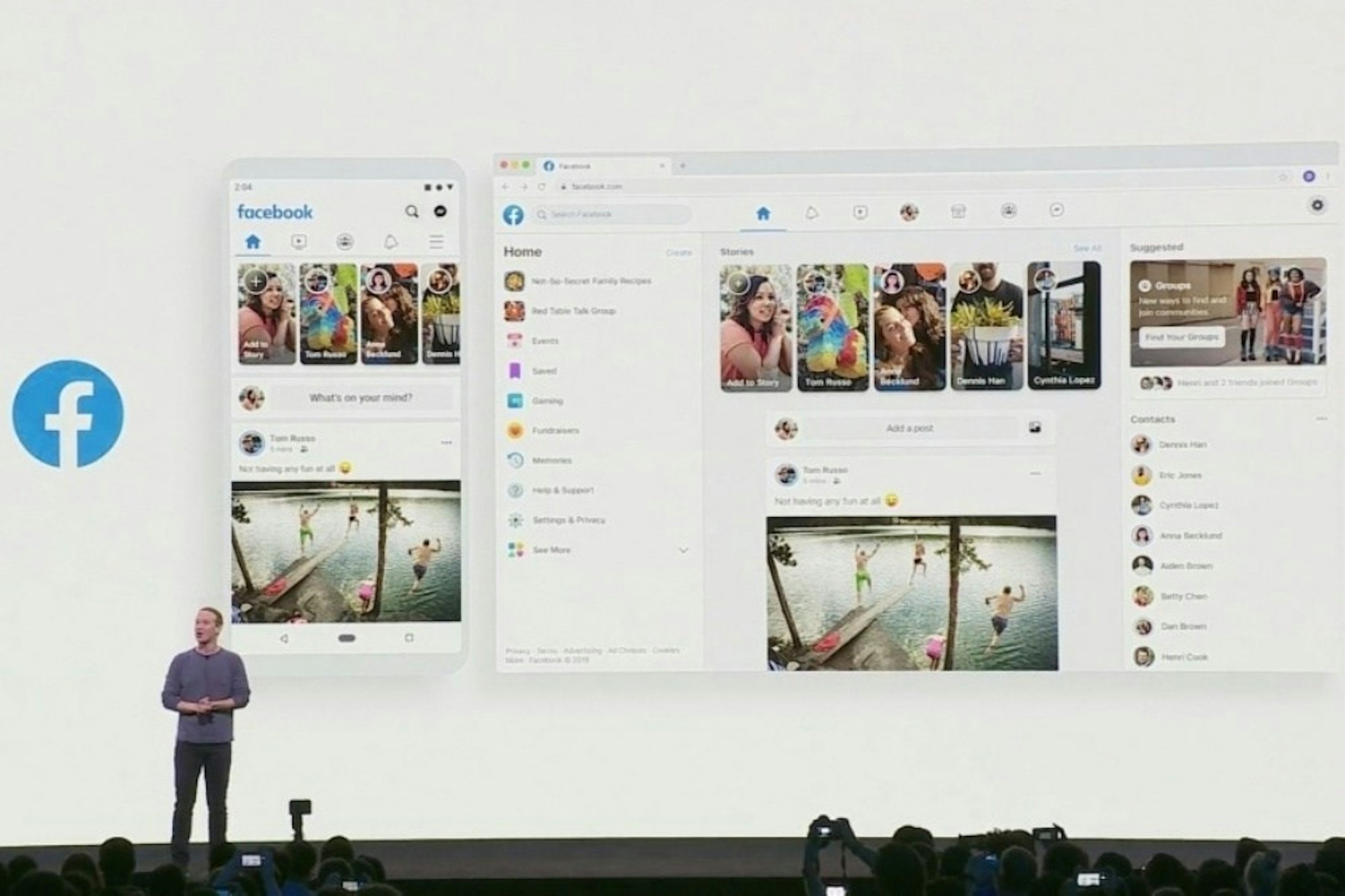 照片中提到了204、facebook、Suggested，跟劍橋分析有關，包含了新的Facebook設計、設計、社交媒體、設計變更、商標