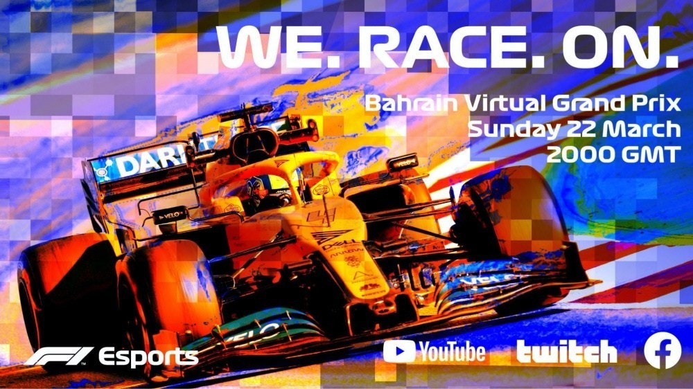 照片中提到了WE. RACE. ON.、Bahrain Virtual Grand Prix、Sunday 22 March，跟劍橋分析、twitch.tv有關，包含了公式1、2020年一級方程式世界錦標賽、一級方程式電競系列、澳大利亞大獎賽、哈斯F1車隊