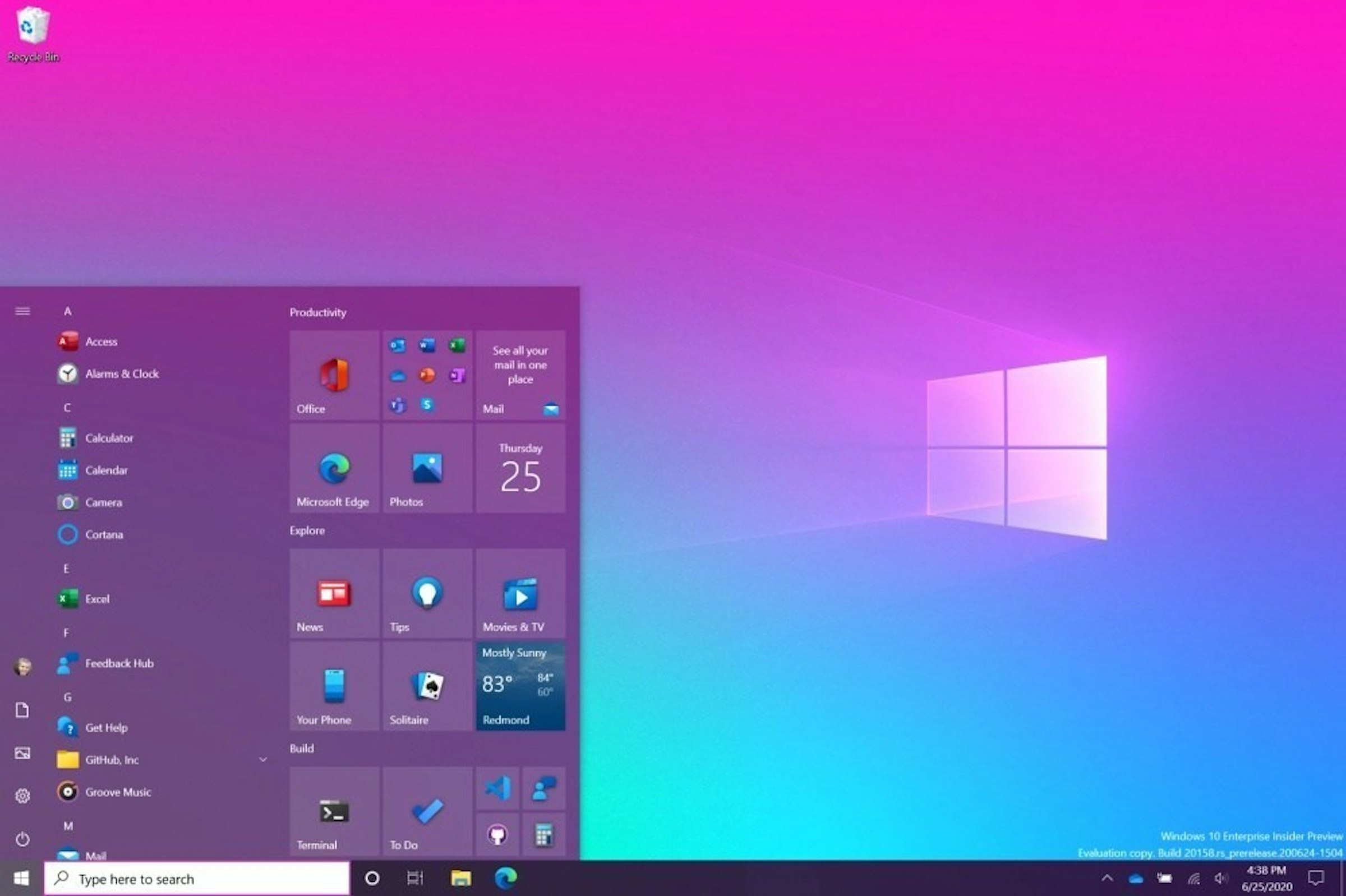 照片中提到了Productivity、A Access、See all your，包含了屏幕截圖、Windows 10、計算機程序、微軟公司、開始菜單