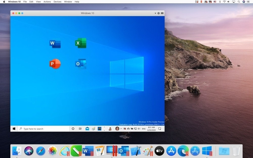 照片中提到了Windows 10 File Edit View Actions Devices、Window Help、国 | @曾 *令中 a0，包含了Mac OS Catalina、macOS卡塔利娜、蘋果系統、蘋果機、Mac版Parallels Desktop