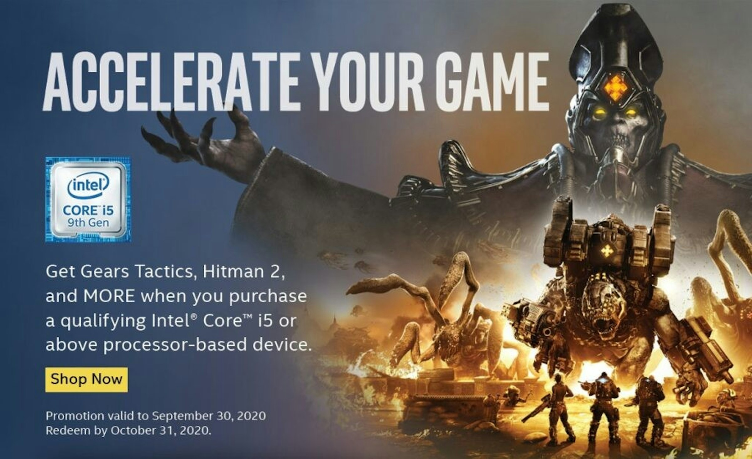 照片中提到了ACCELERATE YOUR GAME、(intel)、CORE i5，跟英特爾有關，包含了齒輪戰術、齒輪戰術、齒輪5、Xbox One、聯盟