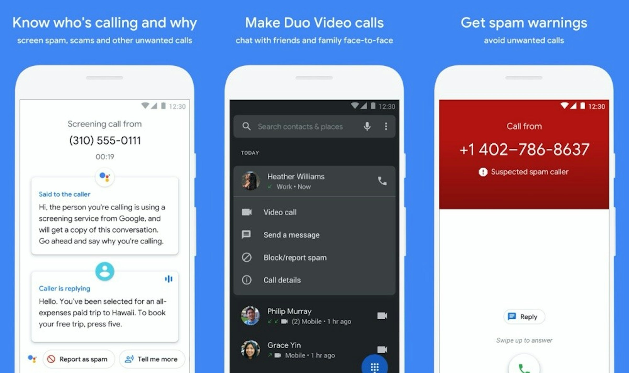 照片中提到了Know who's calling and why、Make Duo Video calls、Get spam warnings，包含了手機、手機、功能手機、移動應用、谷歌