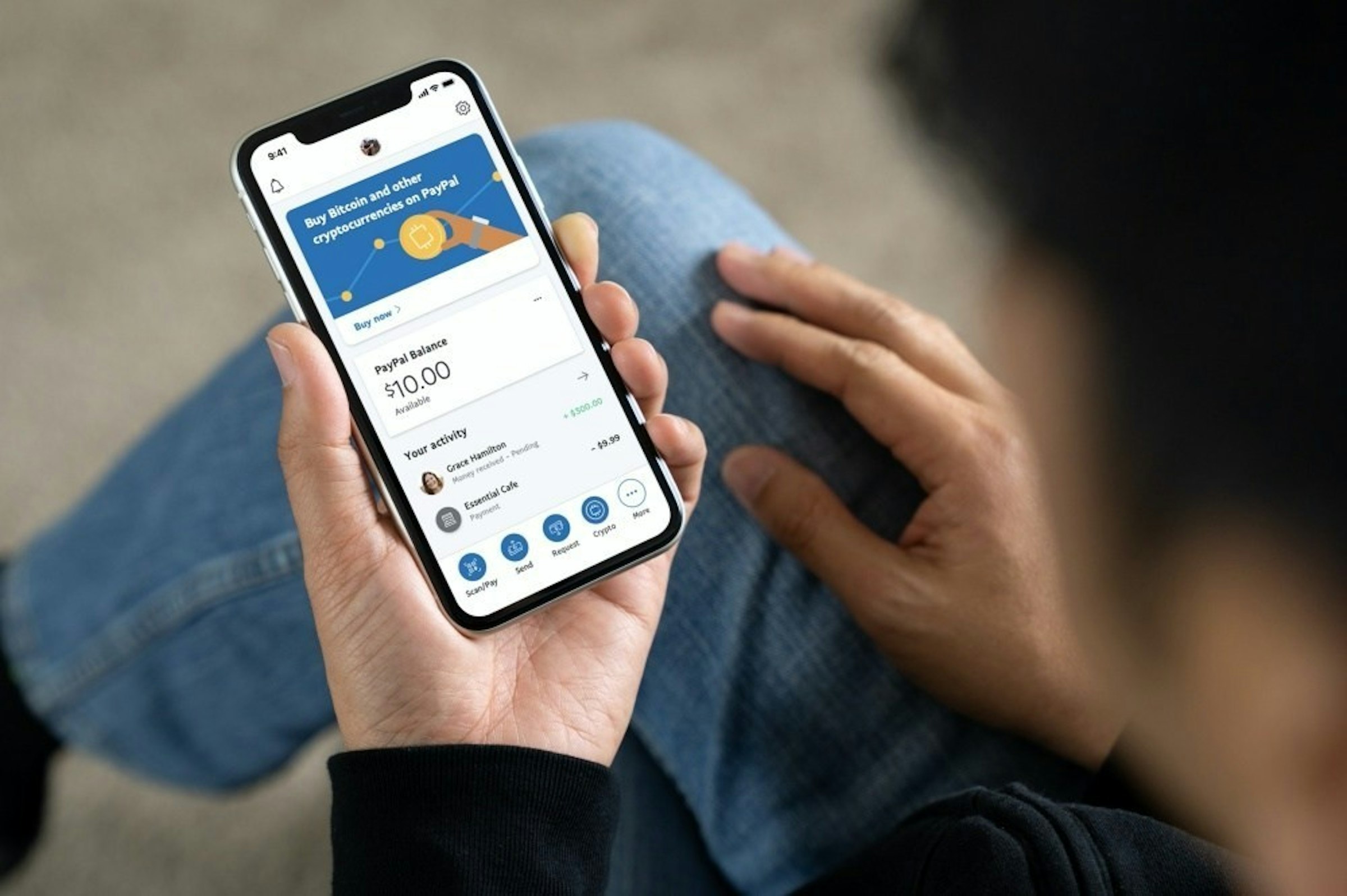照片中提到了9:41、Buy Bitcoin and other、cryptocurrencies on PayPal，包含了付款鏈接、付款、貝寶、加密貨幣、股票