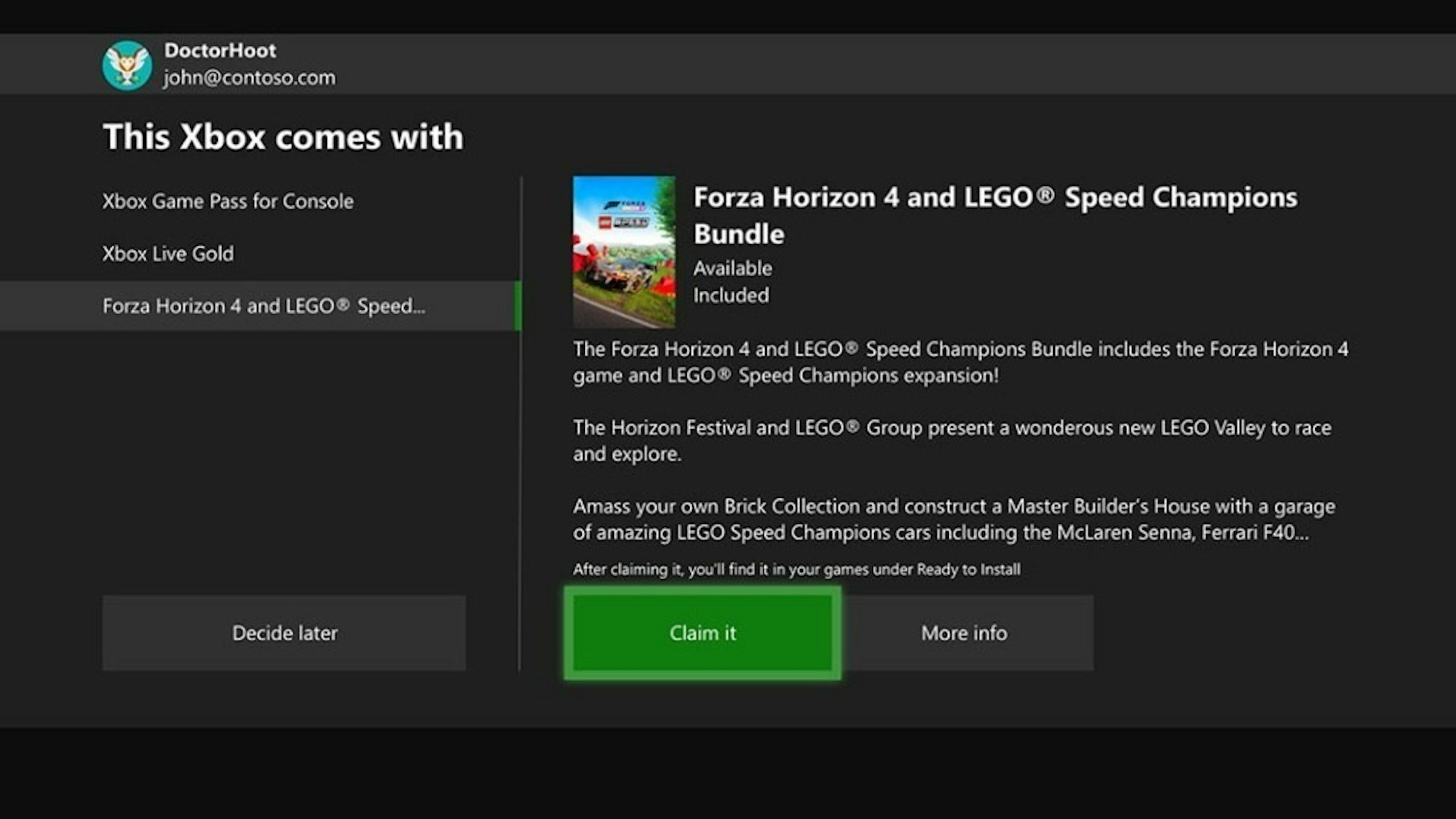 照片中提到了DoctorHoot、john@contoso.com、This Xbox comes with，包含了兌換代碼Forza Horizo n 4 xbox全數字、極限競速：地平線4、極限競速：地平線、Xbox One、Xbox 360