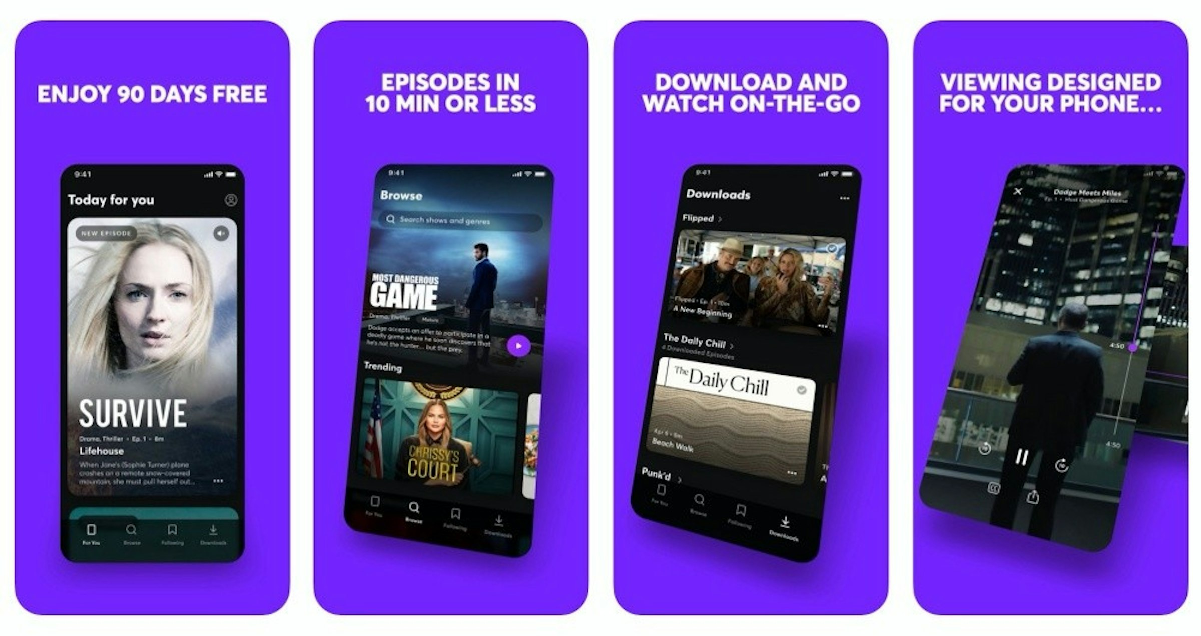 照片中提到了DOWNLOAD AND、WATCH ON-THE-GO、VIEWING DESIGNED，跟套裝有關，包含了quibi應用、梅格·惠特曼、功能手機、手機、基比