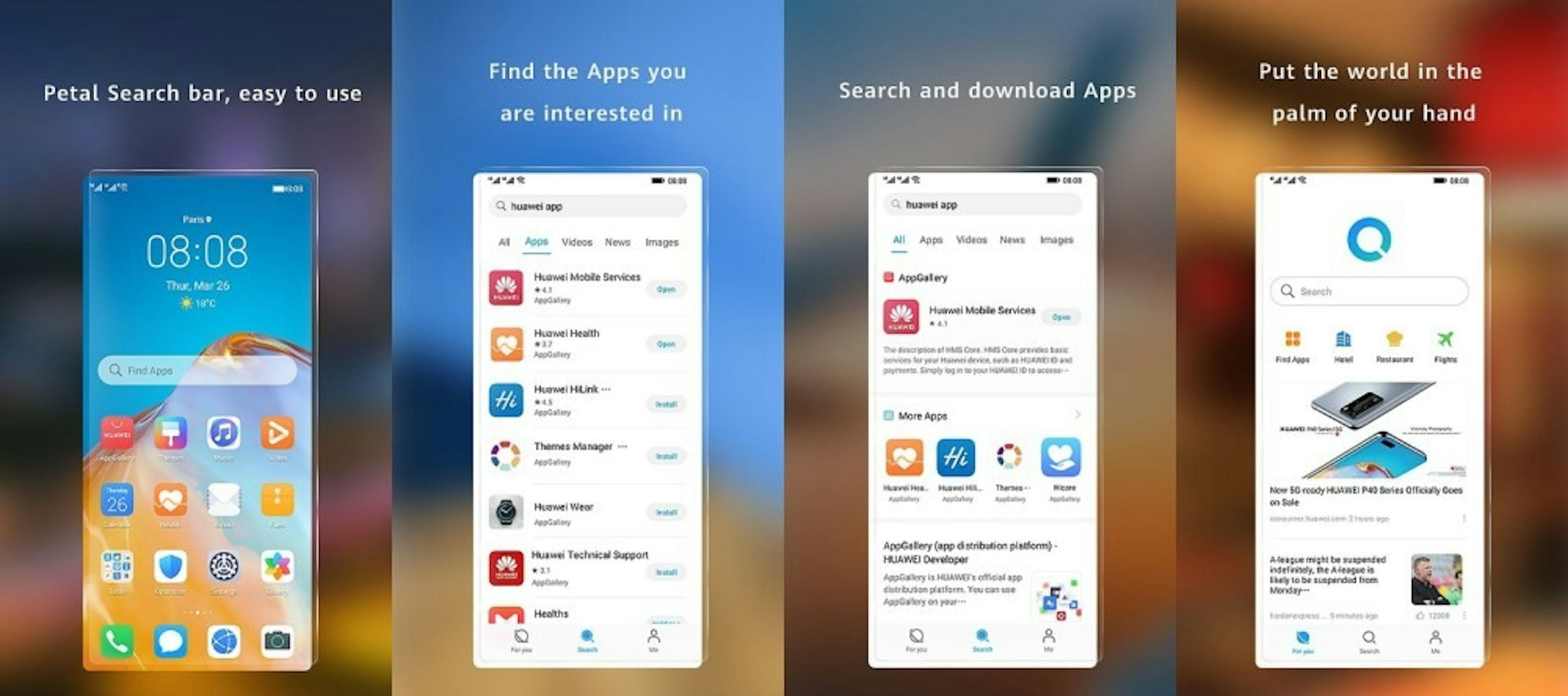 照片中提到了Find the Apps you、Put the world in the、Petal Search bar, easy to use，包含了手機、手機、功能手機、數碼展示廣告、產品設計