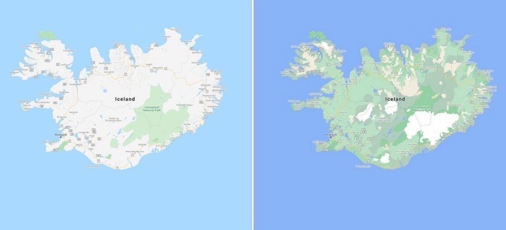 照片中提到了Iceland、Iceland、Vata，包含了谷歌地圖、地圖、谷歌地圖、衛星影像、製圖