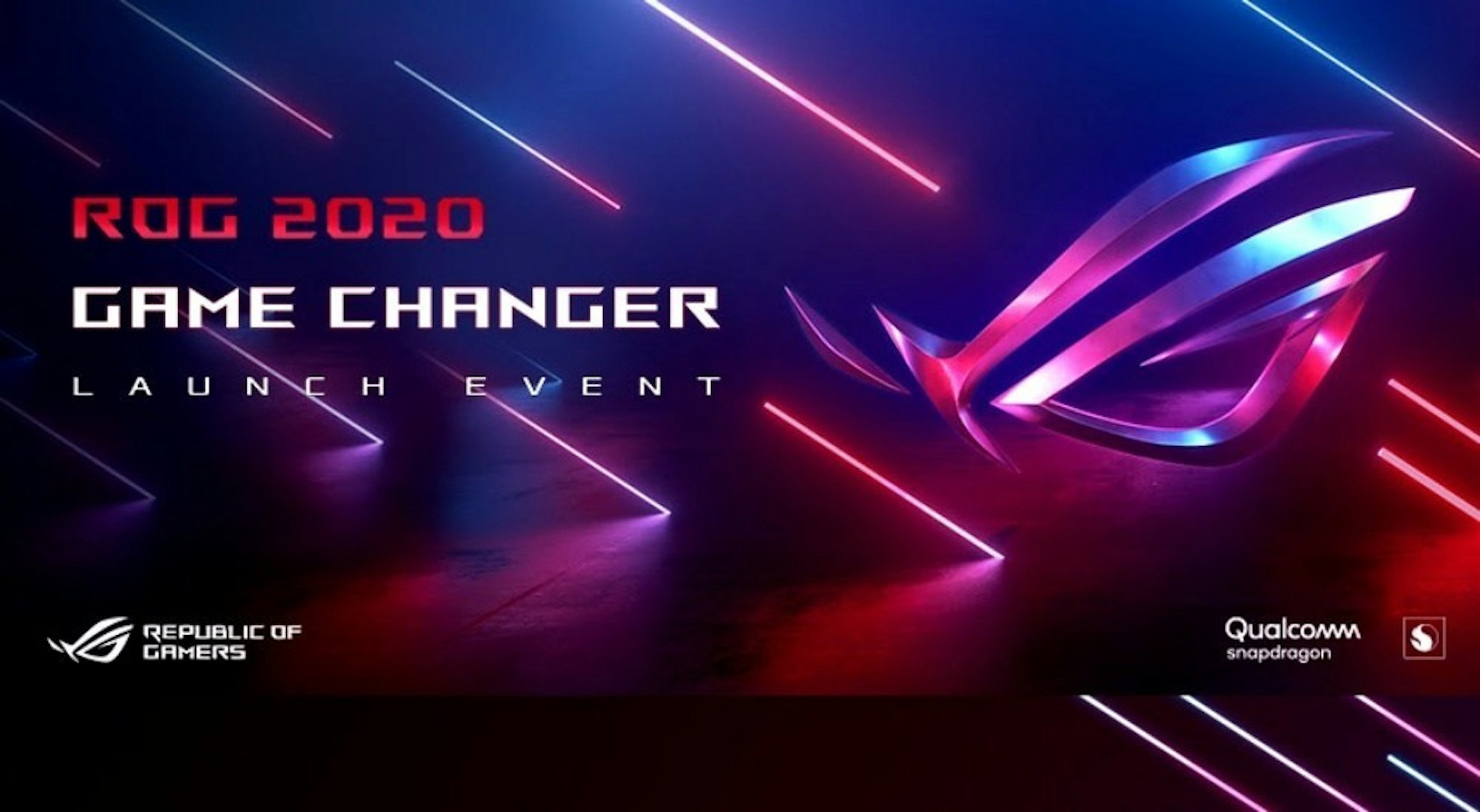 照片中提到了ROG 2020、GAME CHANGER、L A U NCH E VEN T，跟高通公司、ROG電話有關，包含了藍色、霓虹燈、激光、光、圖形