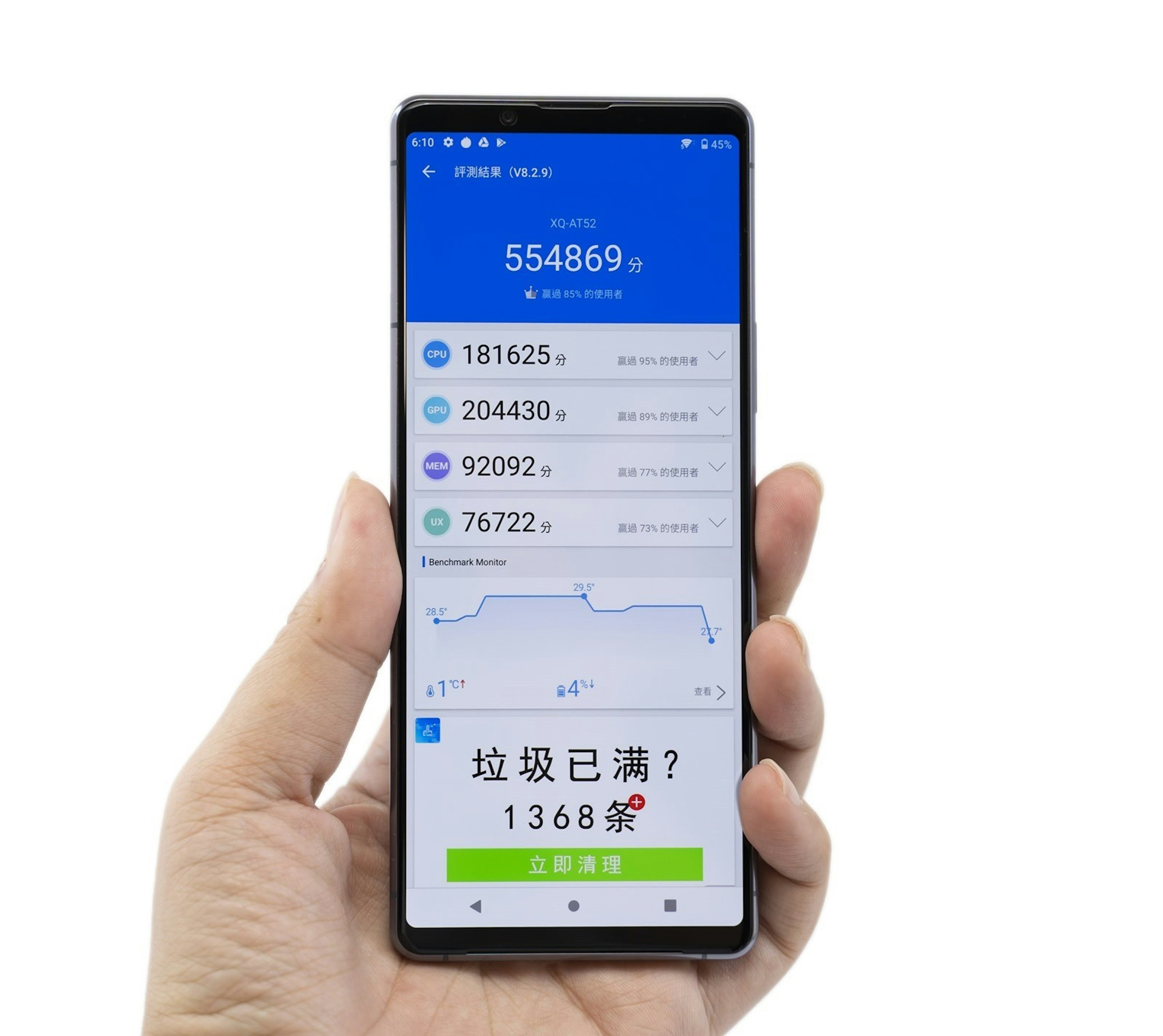 照片中提到了6:10 ¢ 0 A、令045%、評測結果(V8.2.9)，包含了功能手機、功能手機、手機、移動設備、蜂窩網絡
