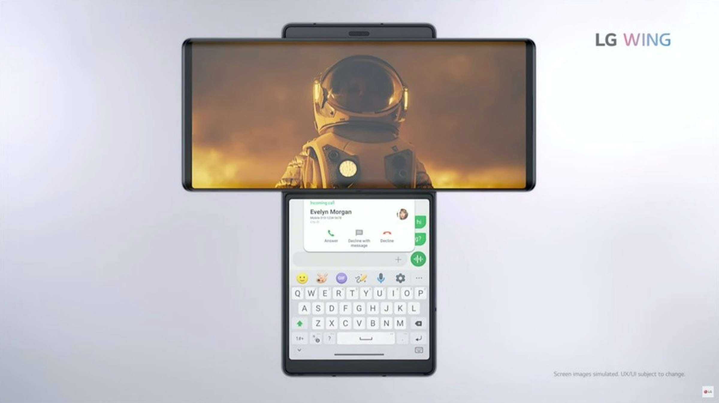 照片中提到了LG、WING、Evelyn Morgan，包含了翼成本、LG翼、LG、手機、iPhone 12