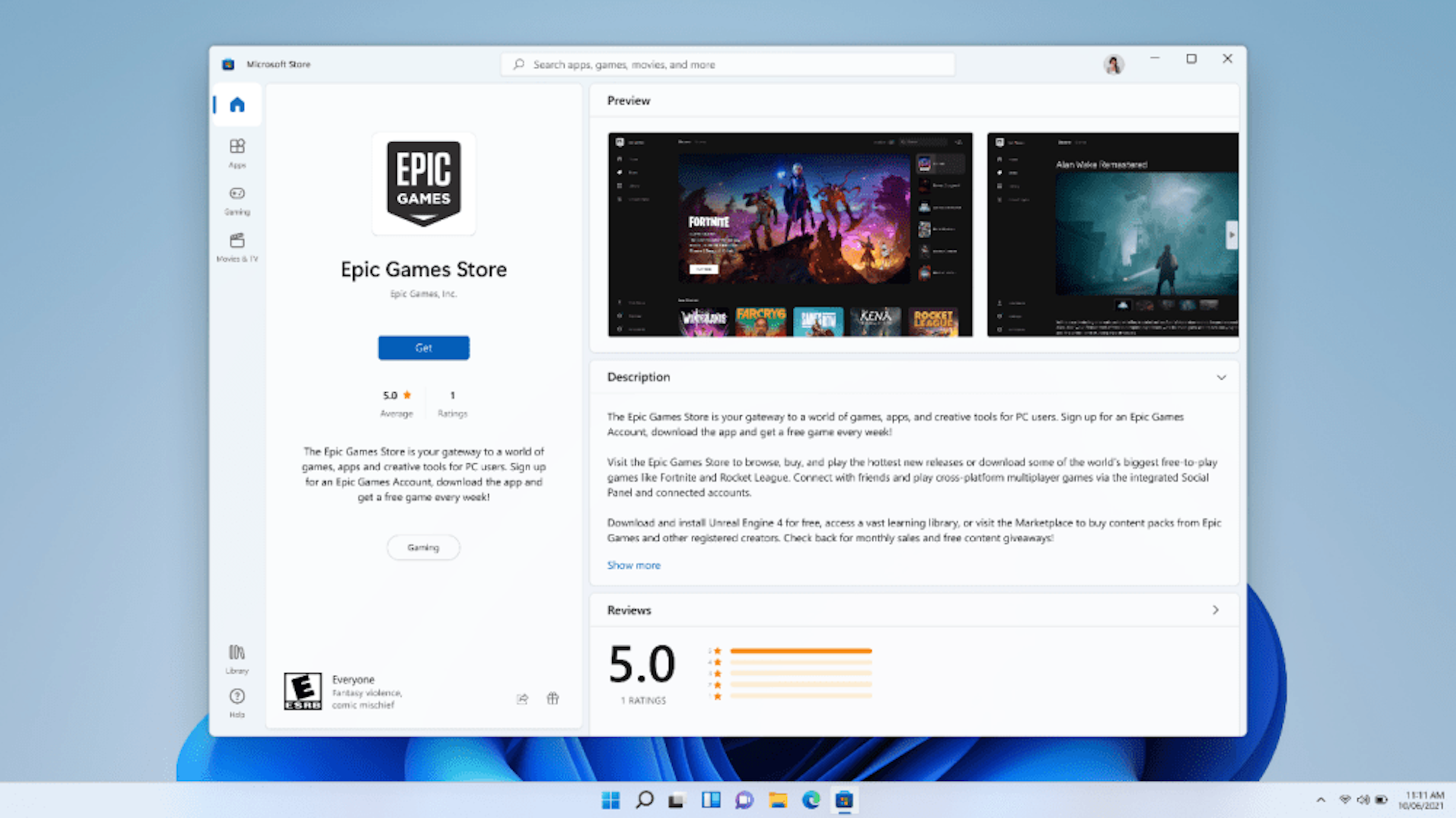 照片中提到了O Mierosoft Store、P Search apps, games, movies, and more、Preview，跟史詩遊戲有關，包含了微軟商店、微軟商店、計算機應用、窗口 11、電腦顯示器