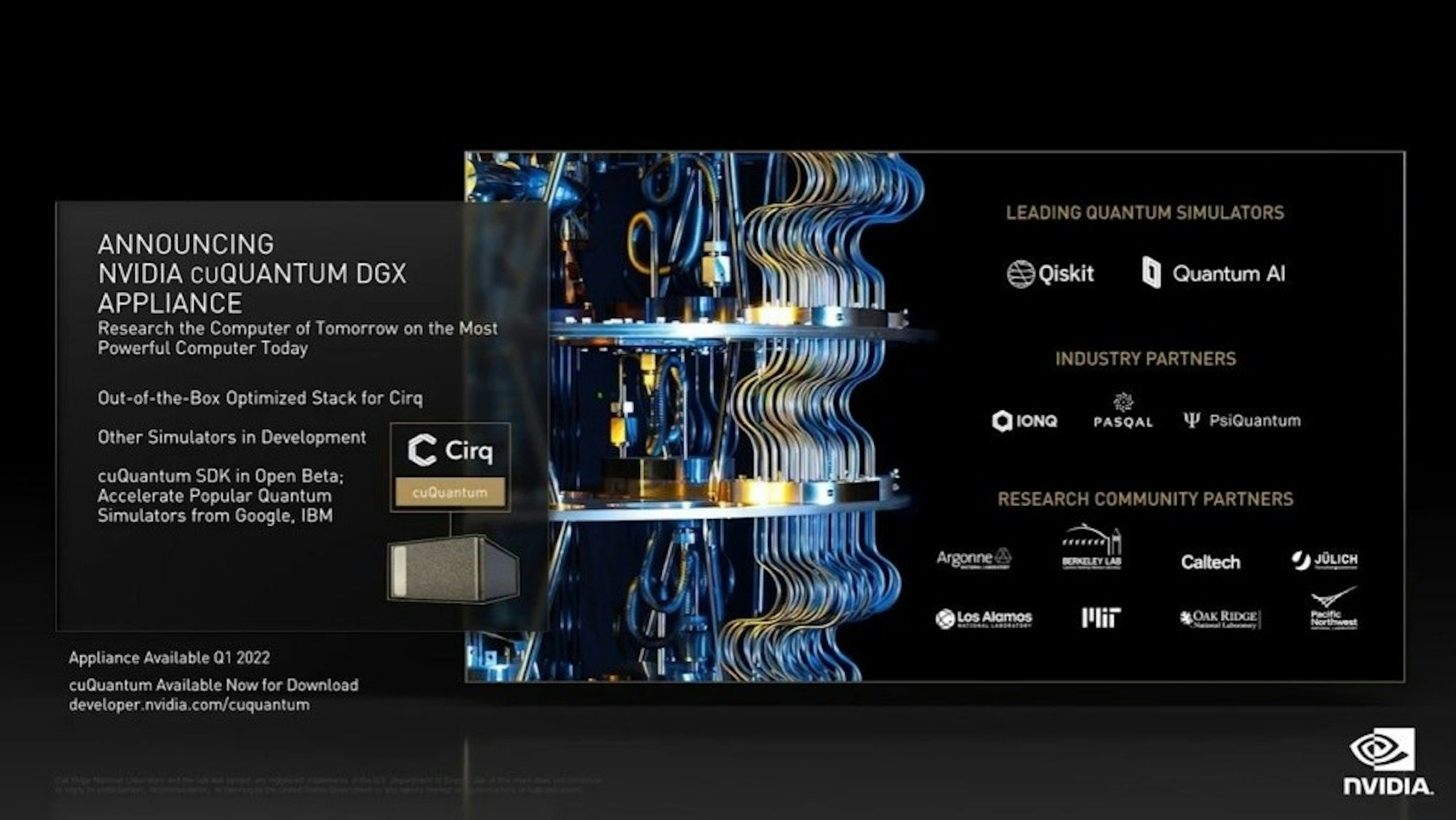 照片中提到了LEADING QUANTUM SIMULATORS、ANNOUNCING、NVIDIA CUQUANTUM DGX，跟英偉達、量子公司有關，包含了精英334英偉達版、平面設計、設計、字形、牌