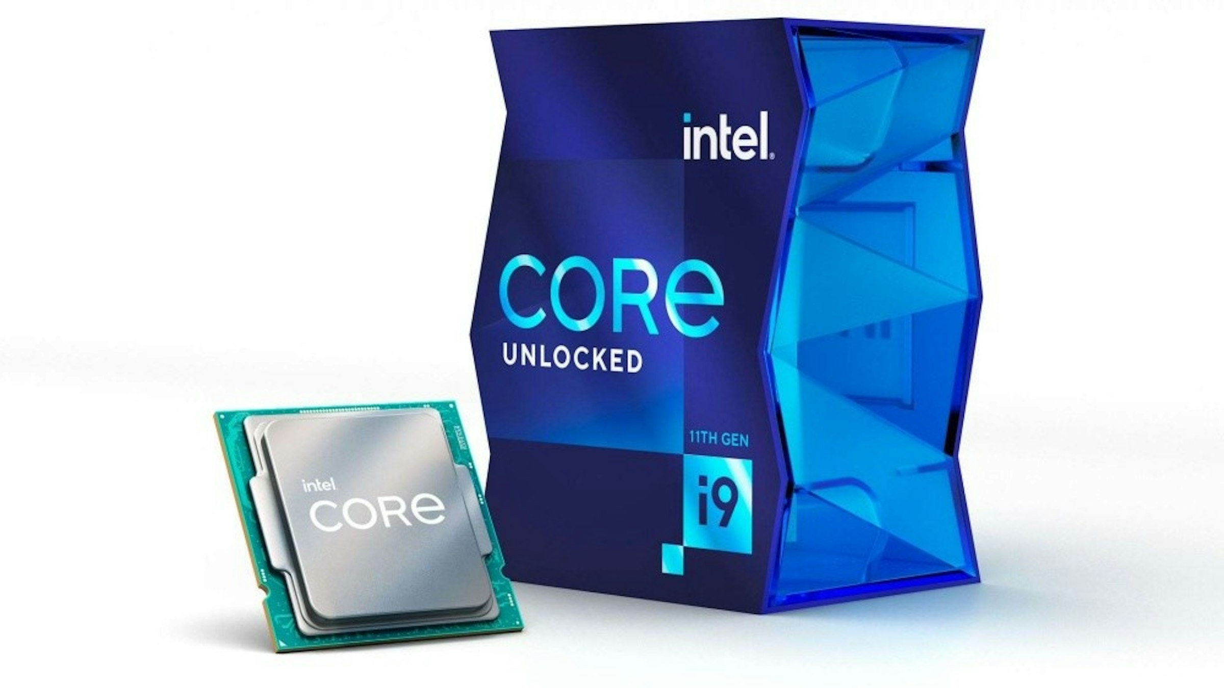 照片中提到了intel.、CORE、UNLOCKED，跟英特爾核心、科孚有關，包含了英特爾 i9 11900k、英特爾酷睿 i9-11900K、英特爾、中央處理器、火箭湖
