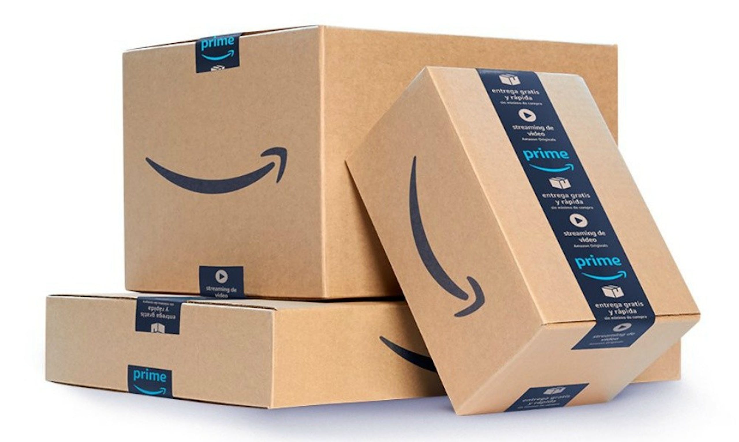 照片中提到了prime、entrega gatis、Y rapida，包含了打包亞馬遜、亞馬遜網、亞馬遜Prime、產品、框
