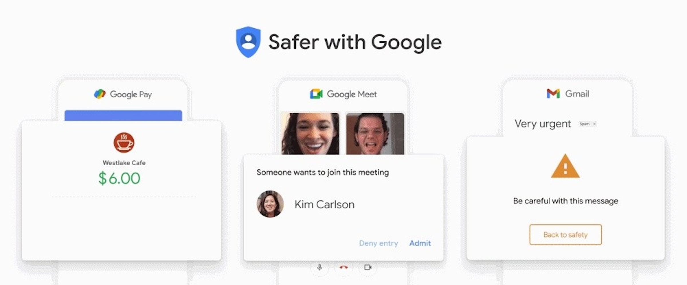 照片中提到了Safer with Google、Google Pay、L Google Meet，跟谷歌、斯波扎有關，包含了通訊、產品、谷歌文檔、商業