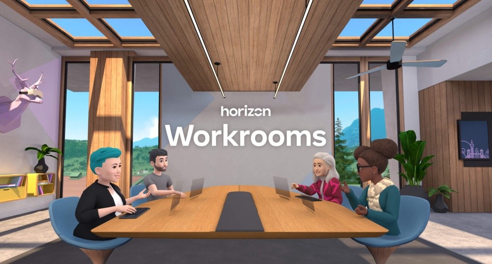 照片中提到了horizon、Workrooms,跟辦公用品有關,包含了室內設計、虛擬現實、虛擬現實耳機、虛擬YouTuber、Oculus任務