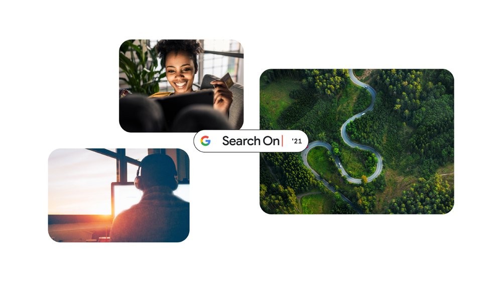 照片中提到了Search On|、'21，包含了草、2021年Google I / O、谷歌搜索、谷歌、搜索引擎