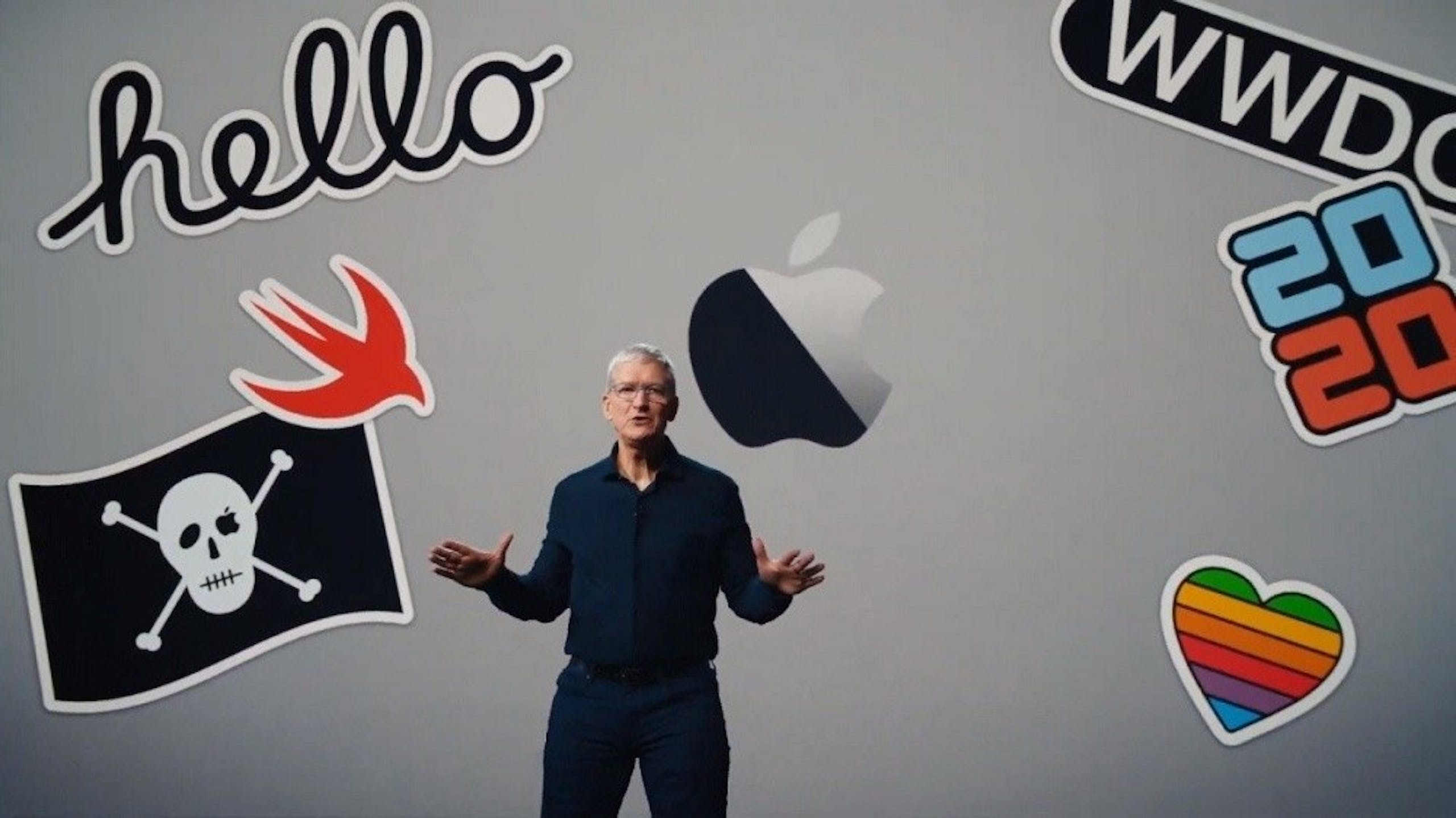 照片中提到了hello、WWDC、20，跟蘋果公司。、808音訊有關，包含了蘋果WWDC 2020、2020蘋果全球開發者大會、蘋果、的iOS、蘋果手錶