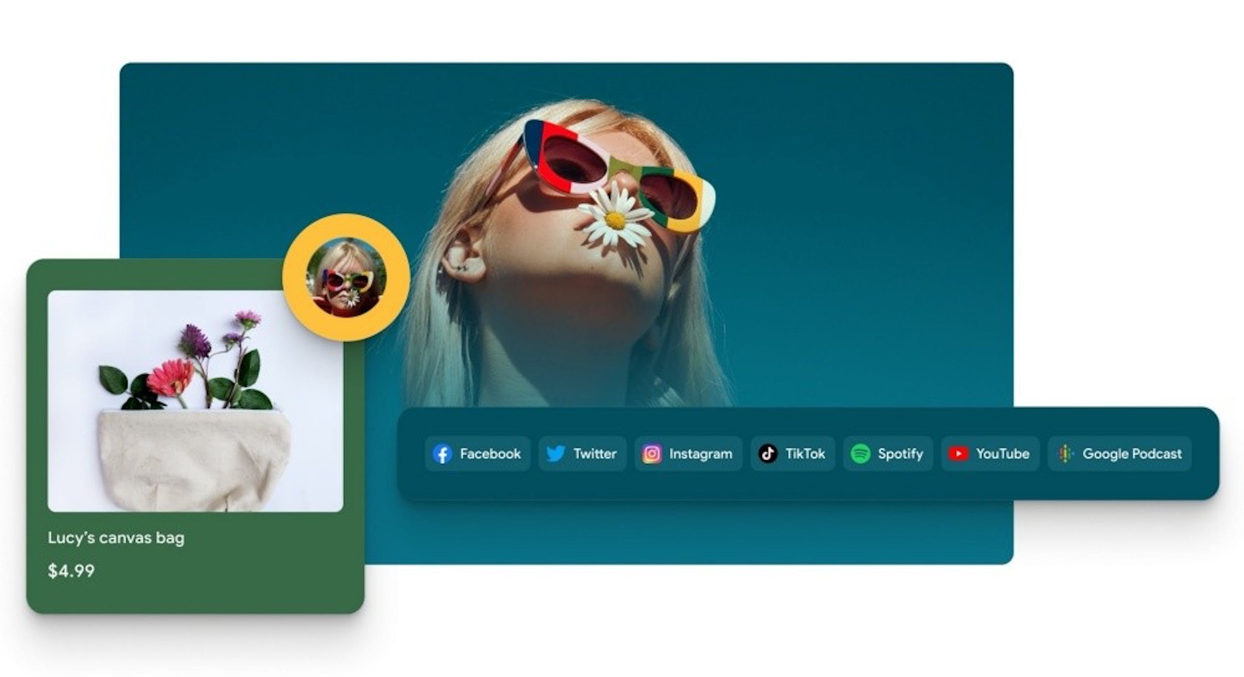 照片中提到了f Facebook、ở TikTok、I Google Podcast，包含了眼鏡、谷歌、電腦硬件、軟件、電腦
