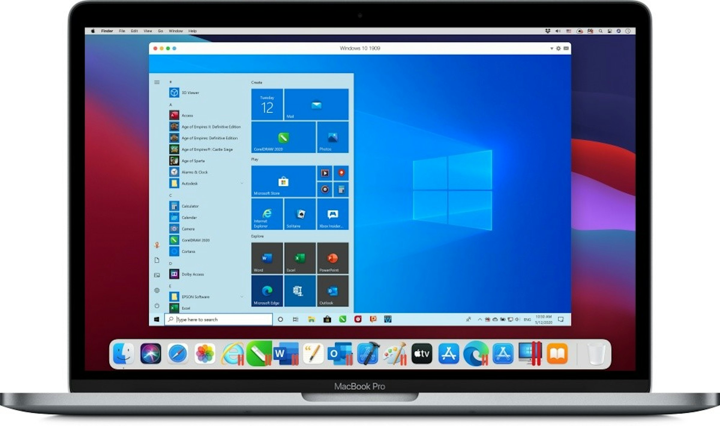 照片中提到了* Finder Fe Edt View Ga Wirdow Help、....、Windows 10 1909，包含了平行桌面、平行桌面、Mac版Parallels Desktop、蘋果M1、平行線