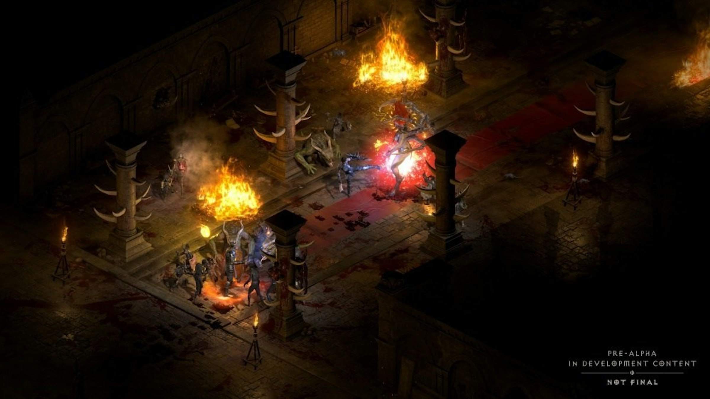 照片中提到了PRE-ALPHA、IN DEVELOPMENT CONTENT、NOT FINAL，包含了暗黑破壞神II復活了、暗黑破壞神II：毀滅之王、暗黑破壞神、暗黑破壞神II：復活、暴雪娛樂