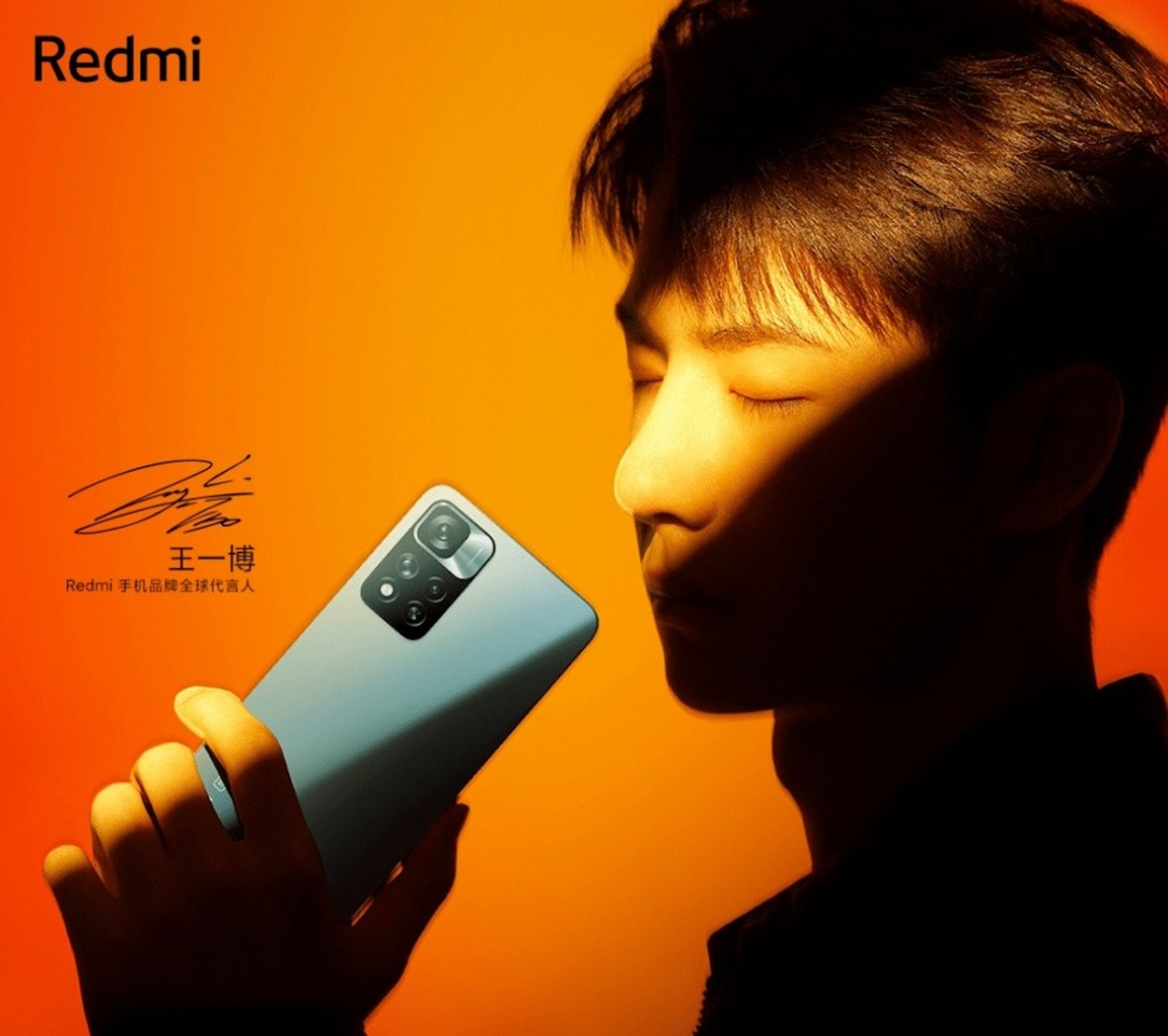 照片中提到了Redmi、王一博、Redmi 手机品牌全球代言人，包含了橙子、小米Redmi注意、小米11T Pro、小米、小米