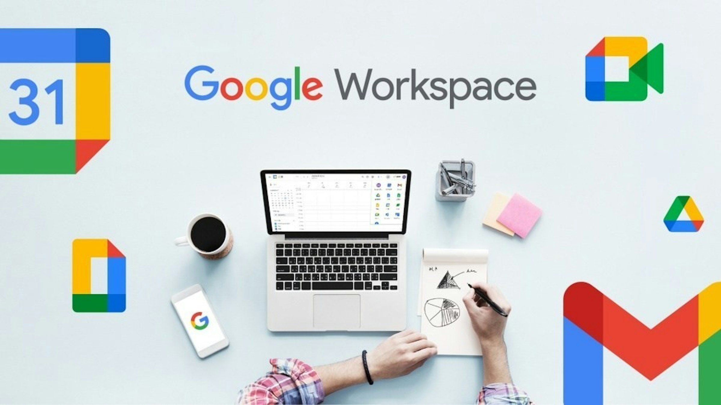 照片中提到了31、Google Workspace、G，跟谷歌、谷歌有關，包含了適應生活的工作、工作、股票攝影、工作與生活的平衡、圖片