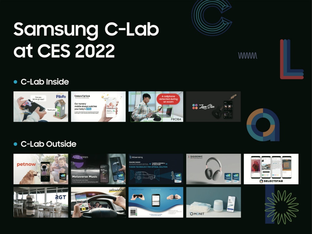 照片中提到了Samsung C-Lab、at CES 2022、• C-Lab Inside，跟倫納德柴郡殘疾、瀏覽器堆棧有關，包含了冷靜，做個公主、消費電子展 2022、三星、三星電子、三星 TV Plus - 直播電視和電影