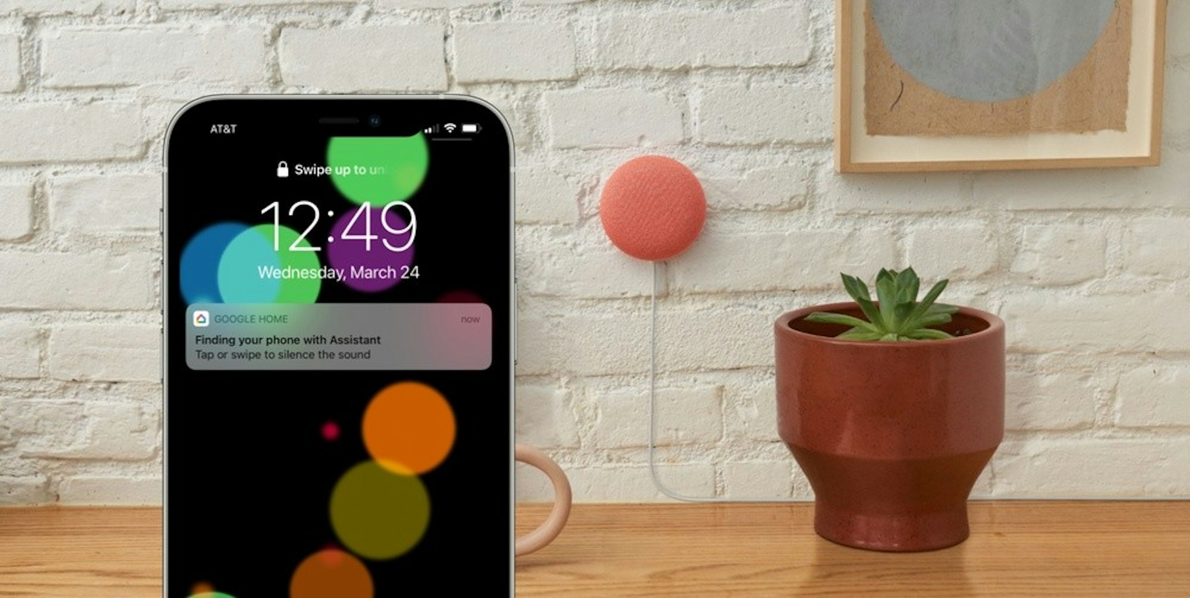 照片中提到了AT&T、A Swipe up to un、12:49，包含了Google助手、Google助手、Google Nest、谷歌、蘋果手機