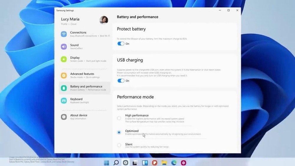 照片中提到了vystern performance、Samsung Settings、O,包含了屏幕截圖、一個UI、三星、三星集團、窗口 11