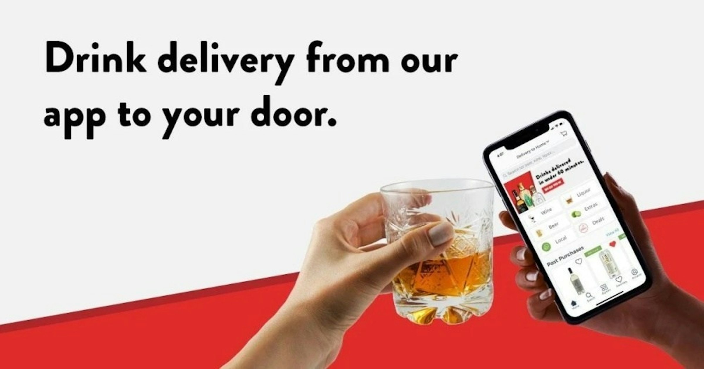 照片中提到了Drink delivery from our、app to your door.、Devery me，跟峽谷自行車有關，包含了下毛毛雨、葡萄酒、交貨、Drizly、瓶店