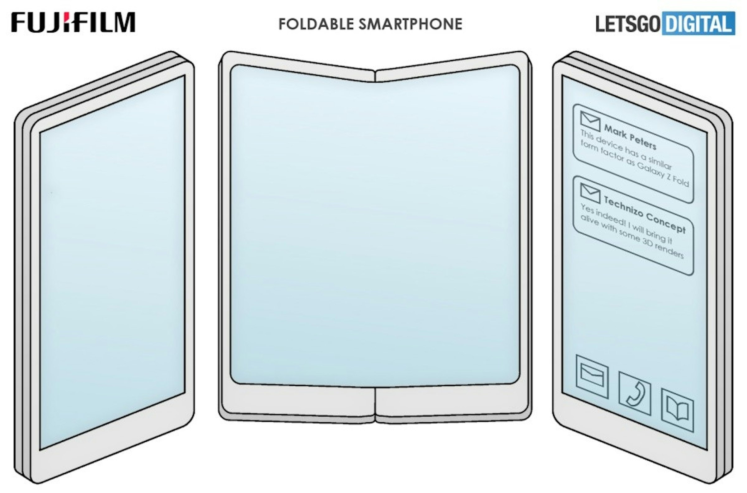 照片中提到了LETSGO DIGITAL、FOLDABLE SMARTPHONE、MMark Peters，跟富士膠卷有關，包含了富士膠卷、三星Galaxy Fold、三星