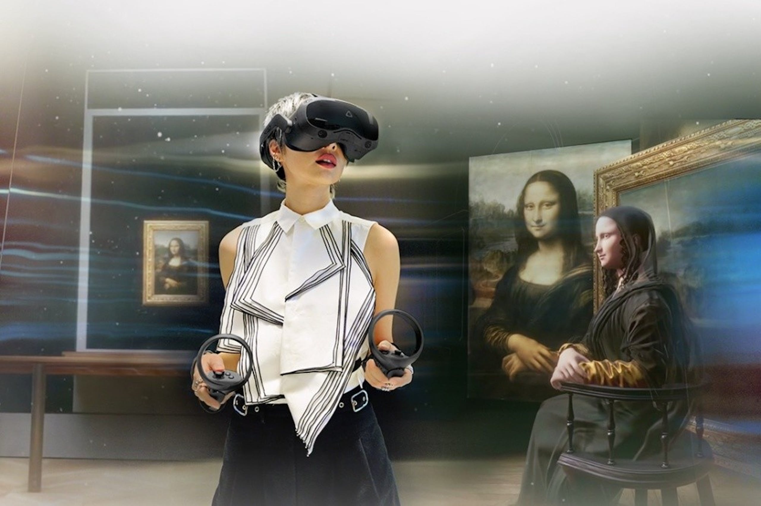 照片中包含了女孩、虛擬現實耳機、虛擬現實、Htc Vive Focus Plus、HTC Pro-Pro avec麥克風