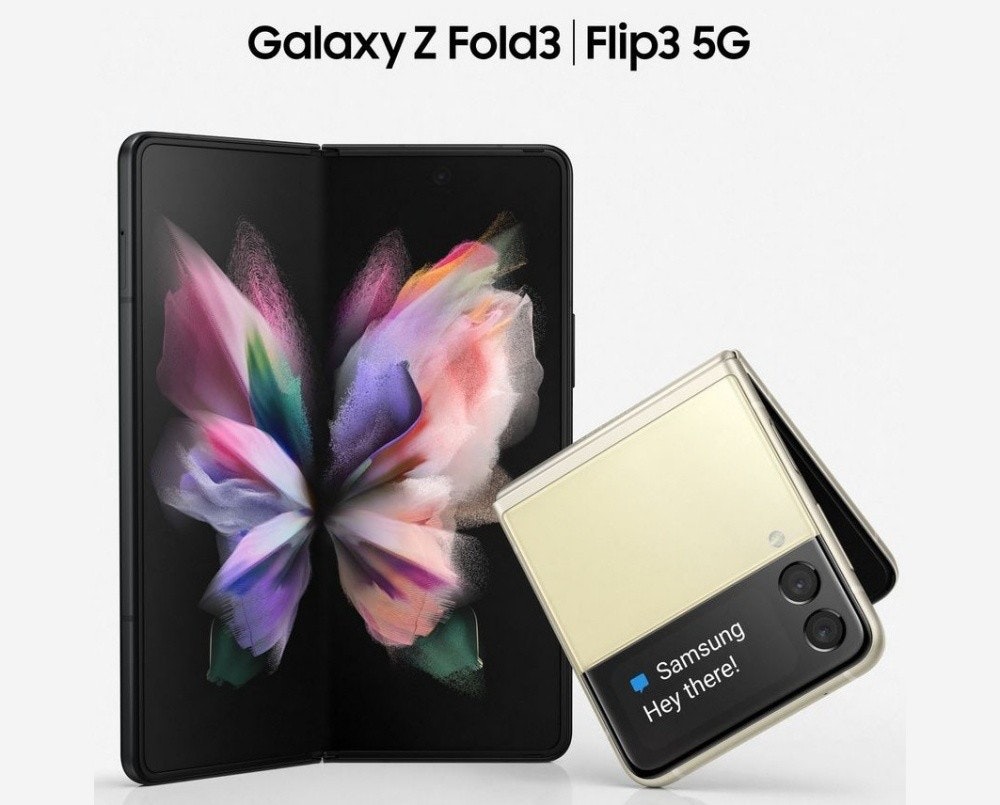 照片中提到了Galaxy Z Fold3 Flip3 5G、- Samsung、Hey there!，包含了三星折疊3、三星銀河z翻轉、三星Galaxy Fold、三星、可折疊智能手機