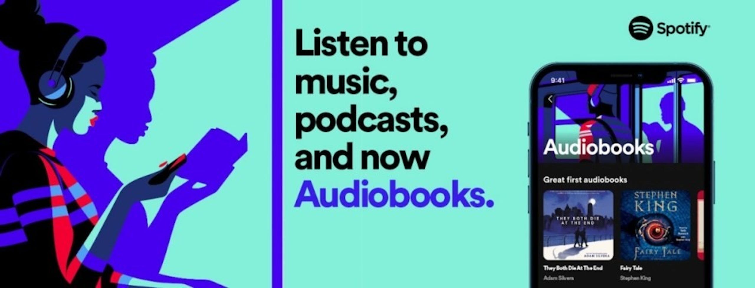 照片中提到了Listen to、music,、podcasts,,包含了有聲讀物、有聲讀物、有聲、書、流媒體