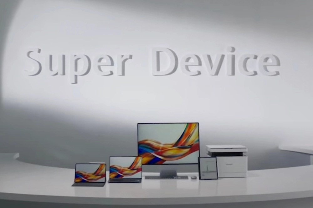 照片中提到了Super Device，包含了設計、華為MateBook X、了華為、設計、中央處理器