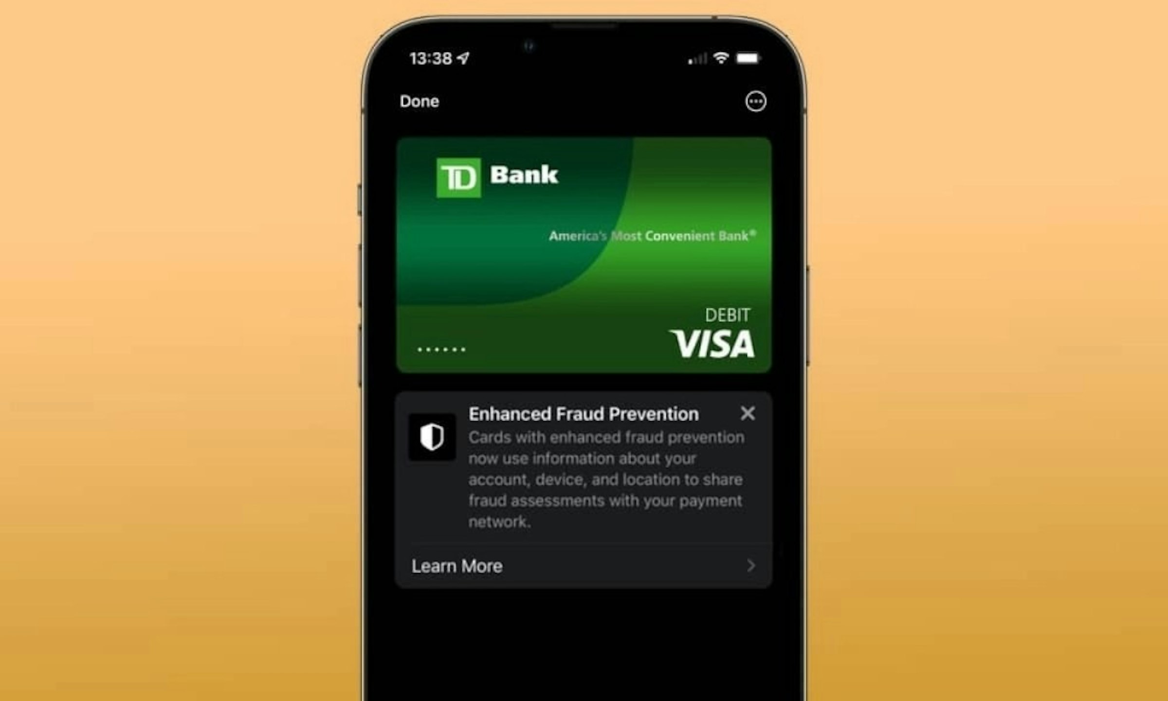 照片中提到了13:38 4、Done、TD Bank，跟Visa Inc.、多倫多道明銀行有關，包含了簽證、移動設備、功能手機、手機、電話