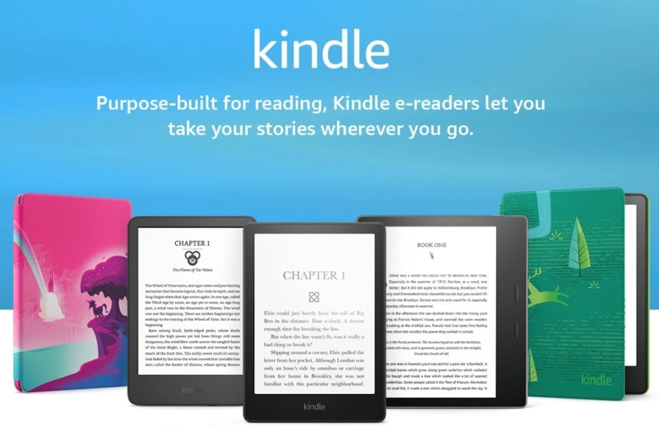 照片中提到了kindle、Purpose-built for reading, Kindle e-readers let you、take your stories wherever you go.，包含了點燃、亞馬遜網、亞馬遜Kindle、電子書、電子版