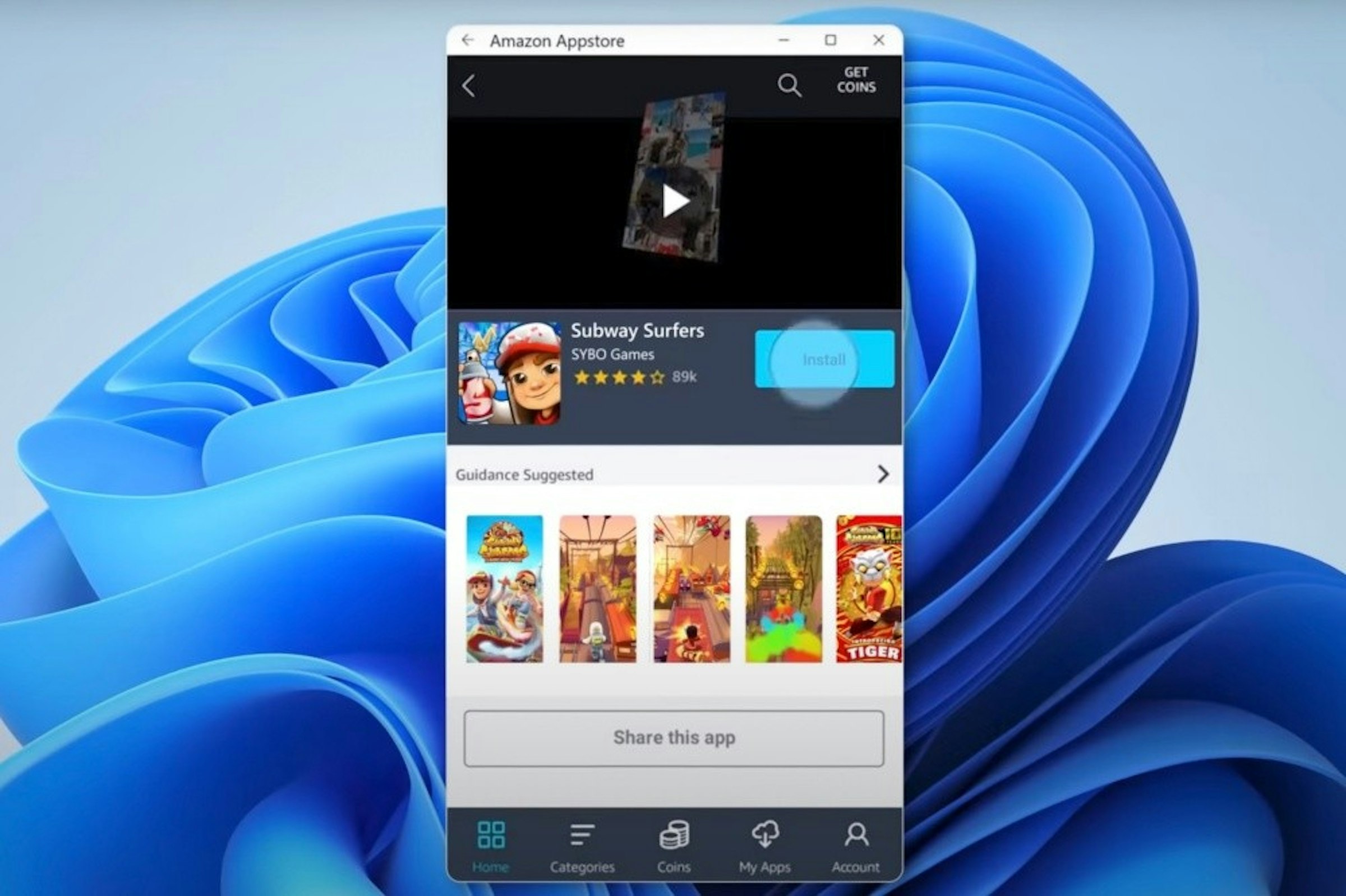 照片中提到了+ Amazon Appstore、GET、COINS，包含了窗口 11、窗口 11、微軟Surface、微軟Windows、微軟