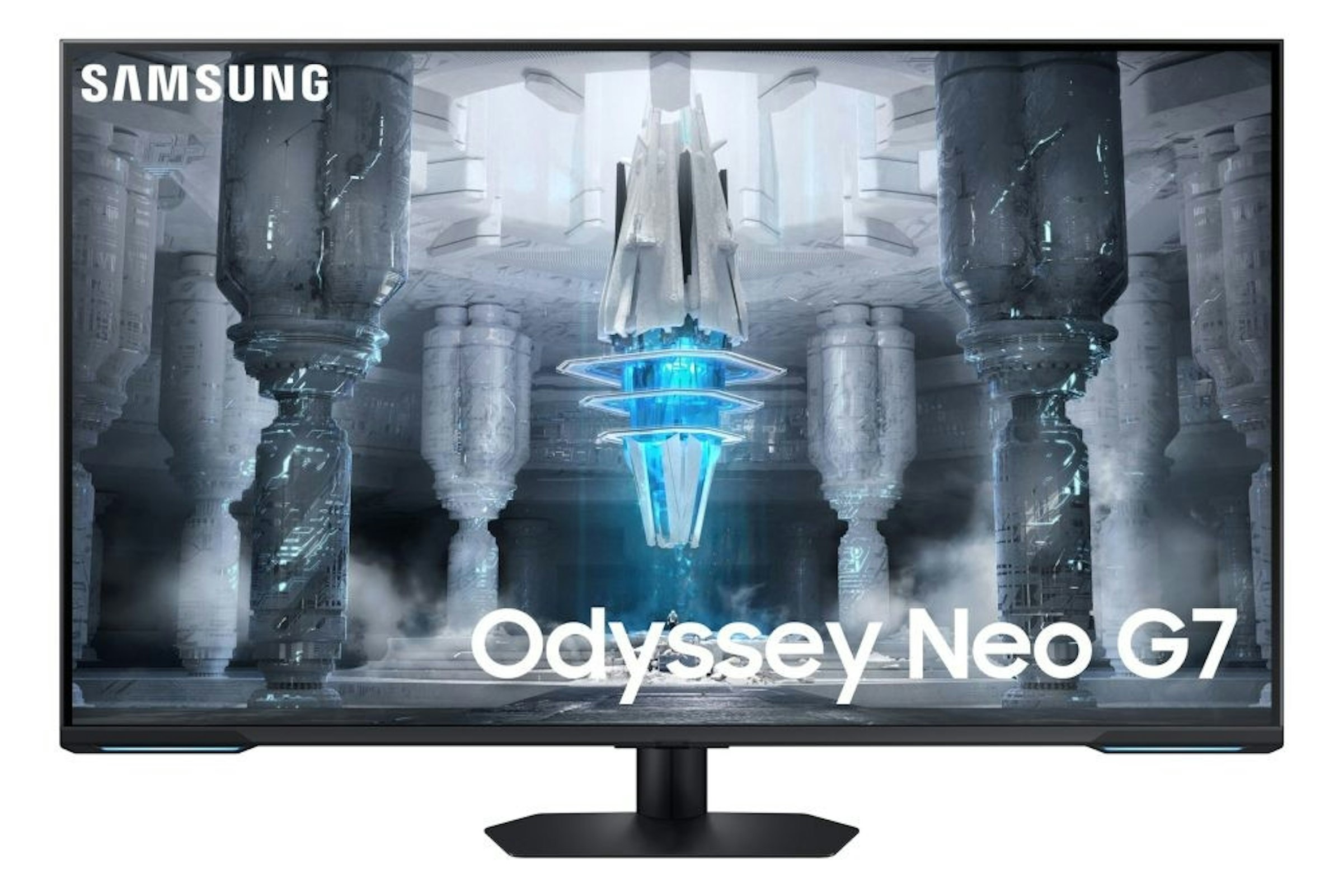照片中提到了SAMSUNG、Odyssey Neo G7，包含了三星、電腦顯示器、遊戲電腦顯示器、三星、曲面屏