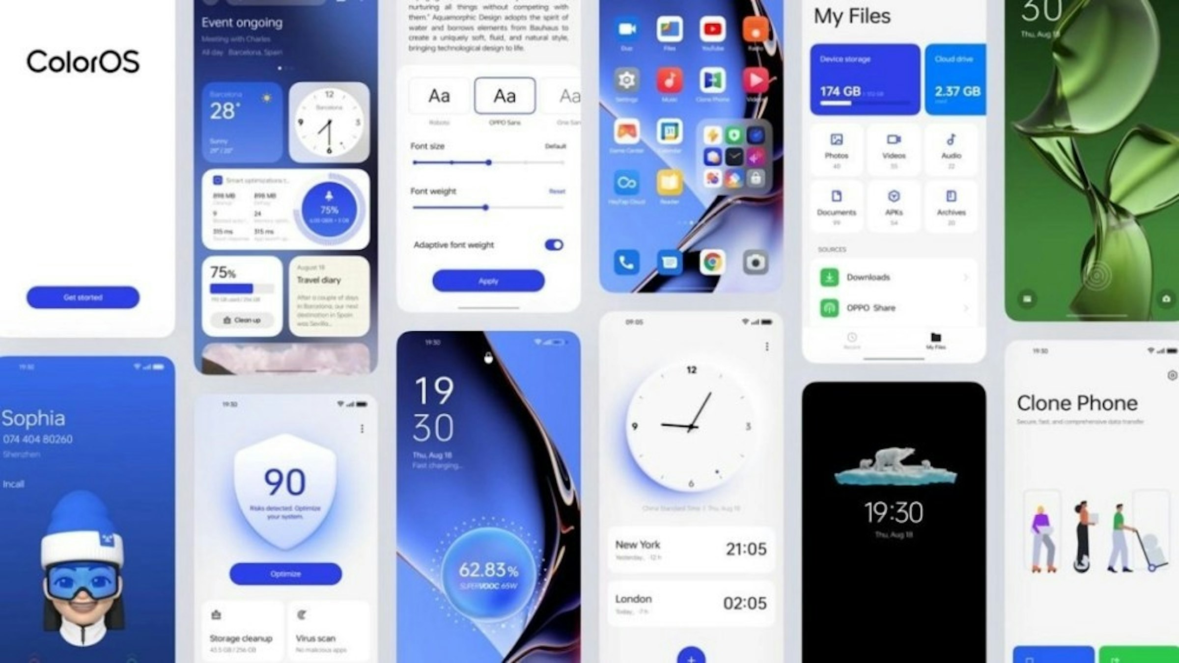 照片中提到了ColorOS、Incall、Get started，包含了Oppo、OPPO Find X5、OPPO Reno3 5G、Oppo、彩色操作系統