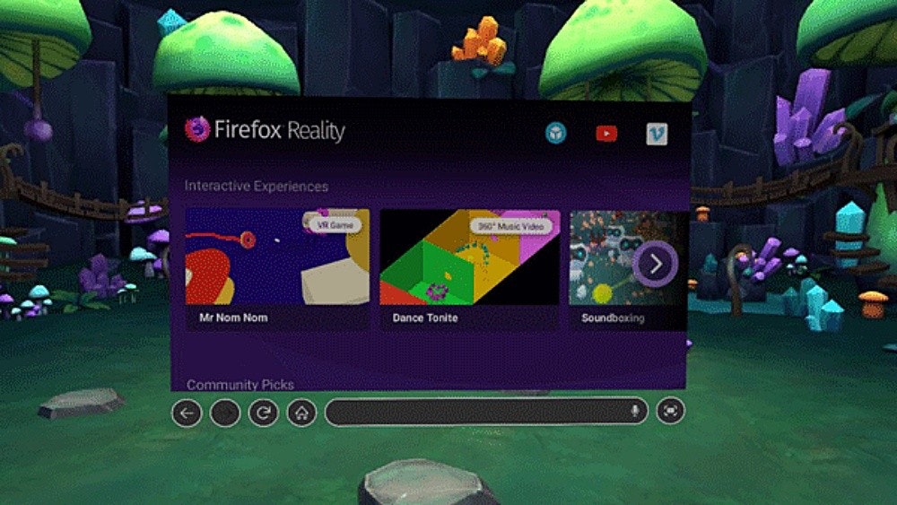 照片中提到了Firefox Reality、Interactive Experiences、VR Game，包含了火狐現實、Oculus裂谷、火狐瀏覽器、網頁瀏覽器、火狐現實
