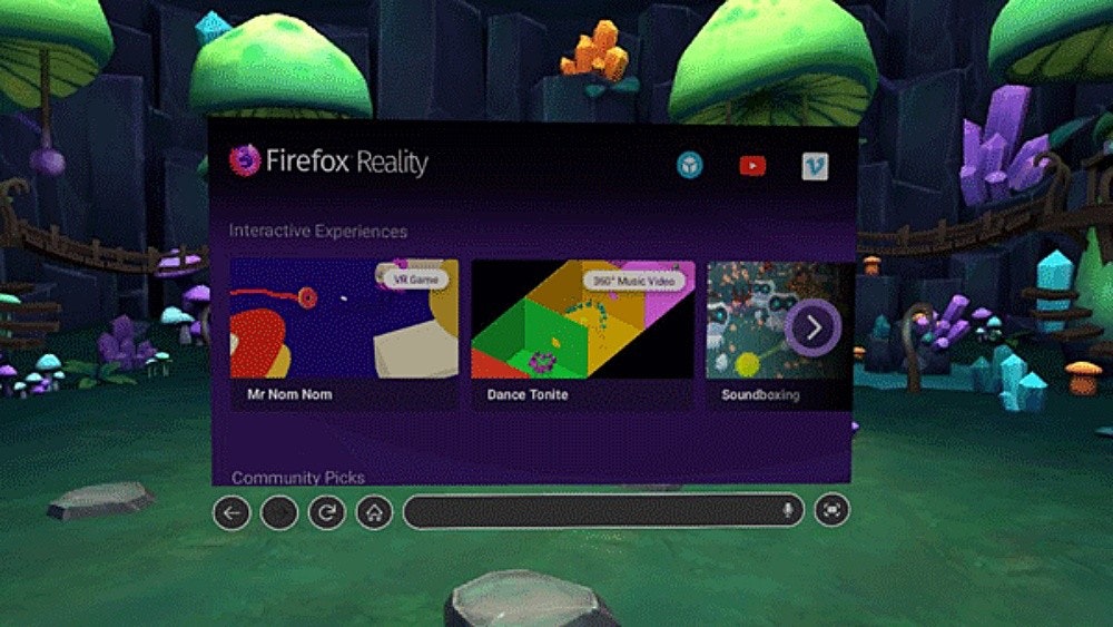照片中提到了Firefox Reality、Interactive Experiences、VR Game,包含了火狐現實、Oculus裂谷、火狐瀏覽器、網頁瀏覽器、火狐現實