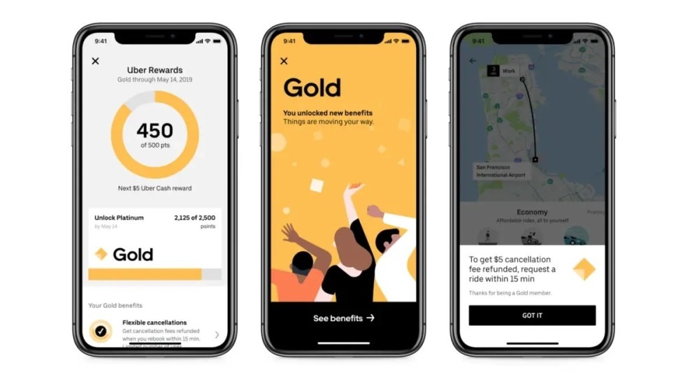 照片中提到了9:41、Uber Rewards、Gold through May 14, 2019，跟五條工業有關，包含了忠誠度用戶界面、忠誠計劃、忠誠、顧客、忠誠度商業模式