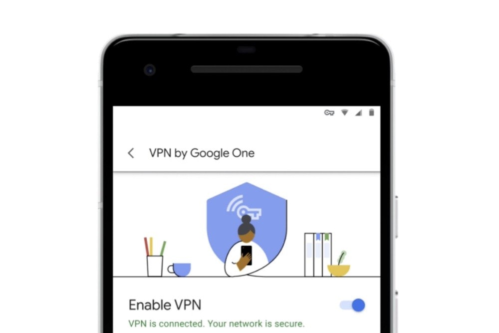 照片中提到了< VPN by Google One、Enable VPN、VPN is connected. Your network is secure.，包含了谷歌一個VPN、虛擬專用網、Google One、谷歌、互聯網