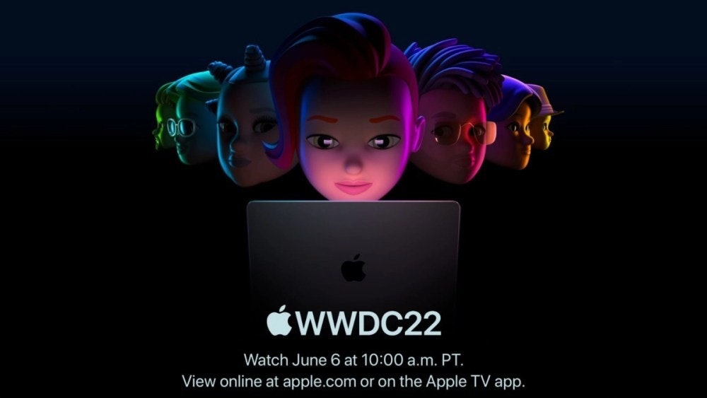 照片中提到了00、WWDC22、Watch June 6 at 10:00 a.m. PT.，包含了標識技術 5、2022 蘋果全球開發者大會、蘋果手機、蘋果、蘋果