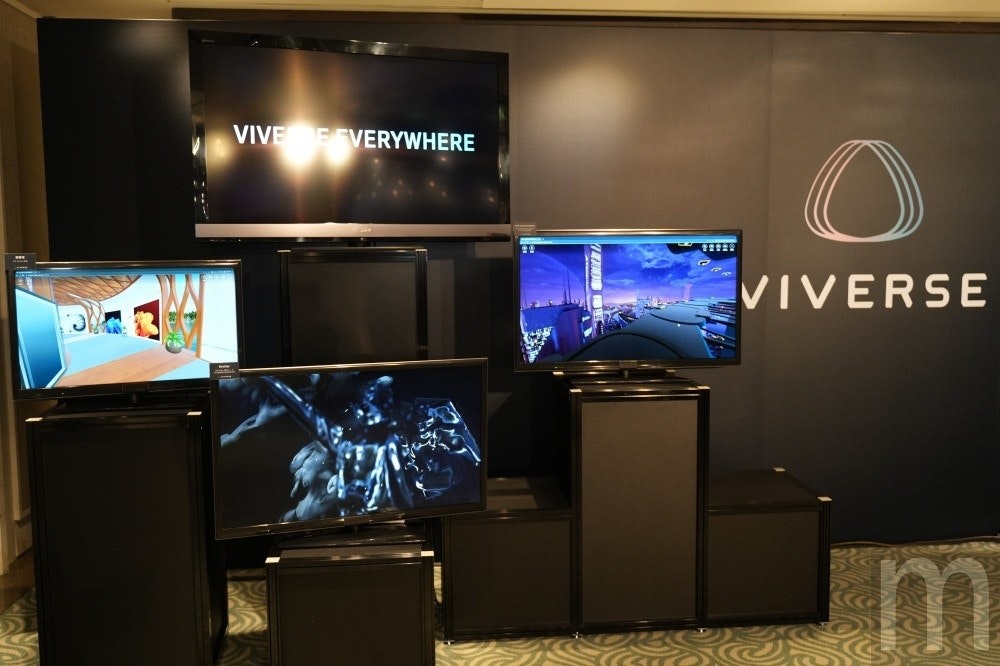 照片中提到了VIVE EEVERYWHERE、VIVERSE、m，包含了多媒體、電視、個人電腦、室內設計、電子產品